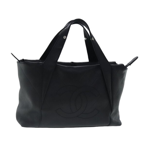 CHANEL V stitch Hand Bag Leather Black Silver CC Auth - Picture 1 of 16
